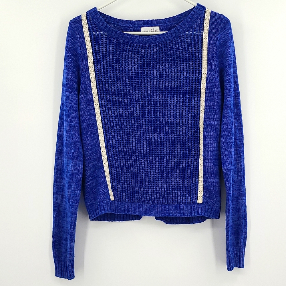Shrinking Violet Large royal blievcream lace open back long sleeve knit sweater